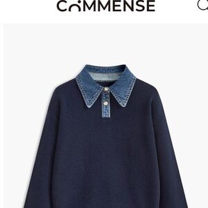 Commense 2-in-1 panel lapel sweater featuring a denim collar accent.